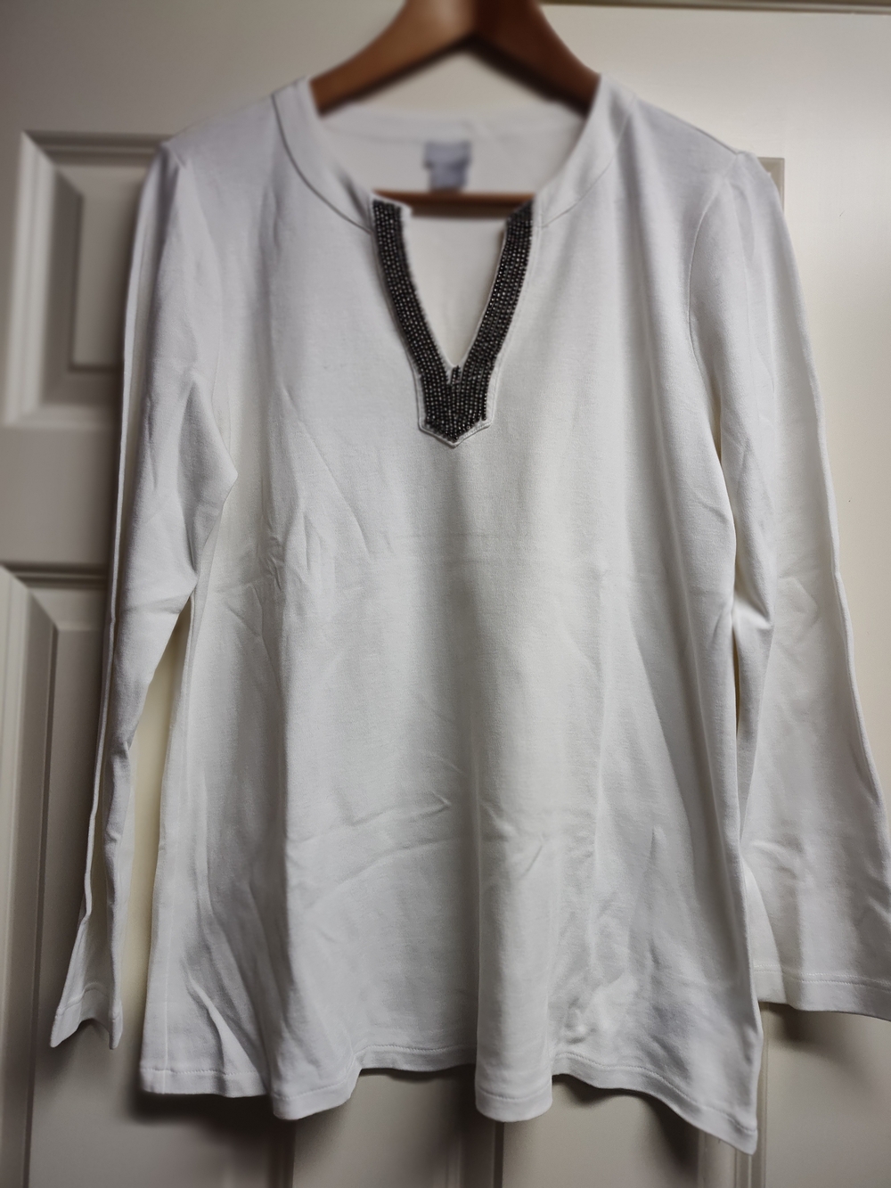 Chico's White Long-Sleeve Tunic with Gunmetal Beaded V-Neck